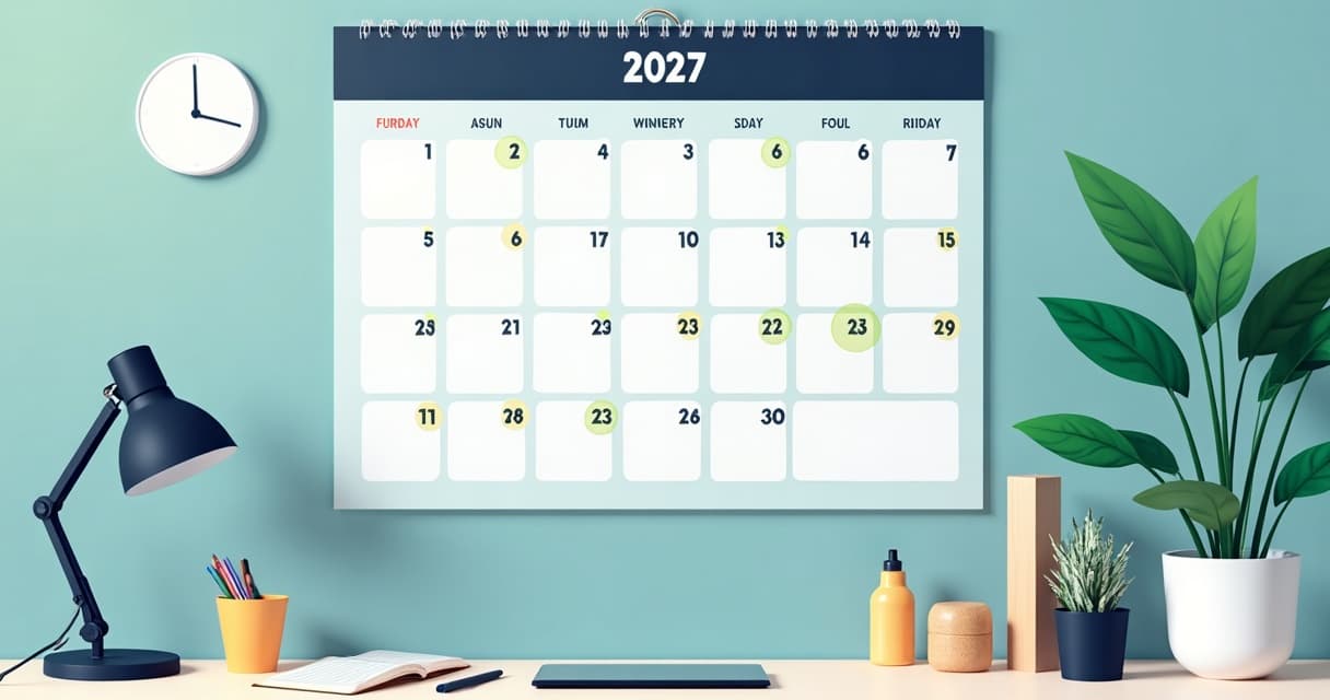 Kalendarz roczny 2027 z zaznaczonymi na zielono dniami wolnymi od pracy