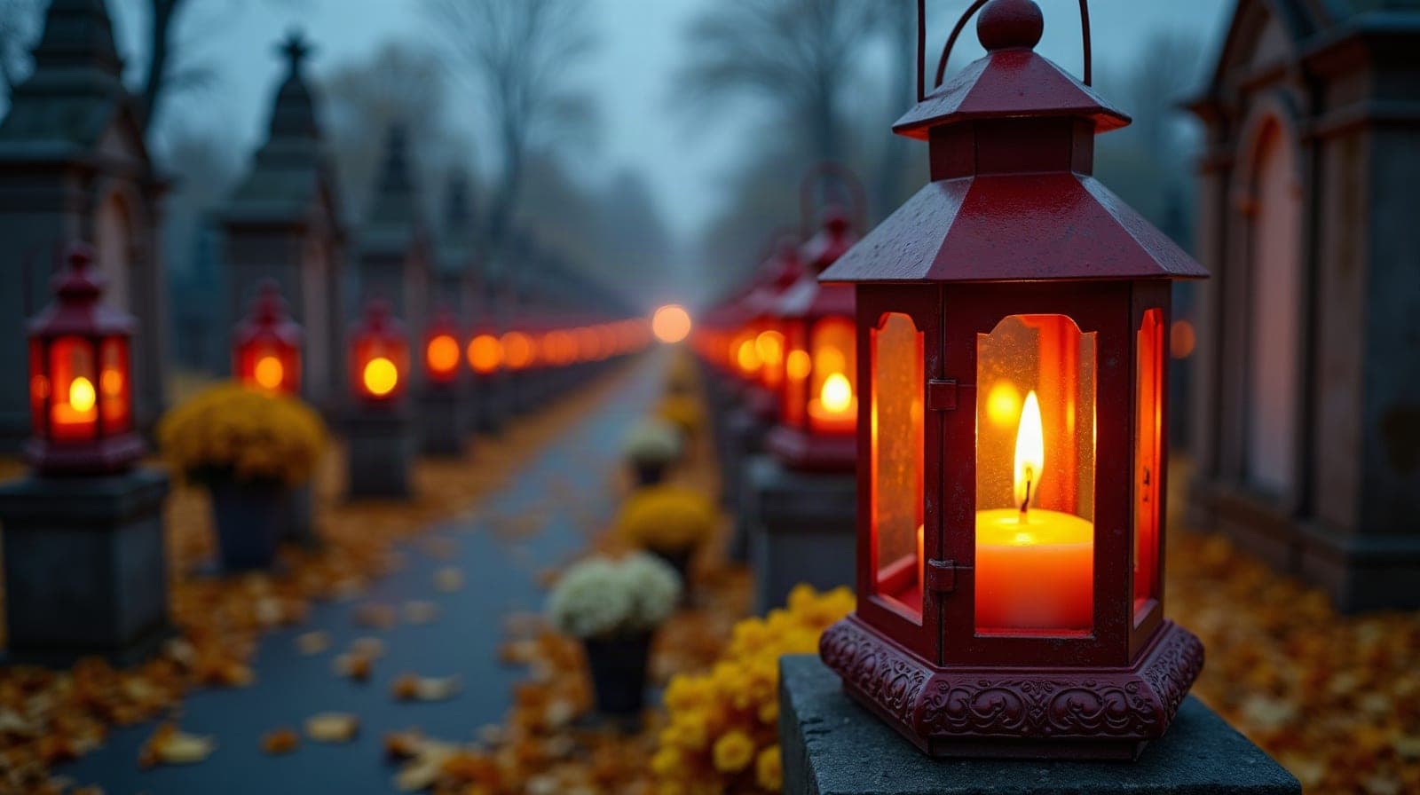 Znicze w czerwonych lampionach i chryzantemy na cmentarzu o zmierzchu w dniu Wszystkich Świętych
