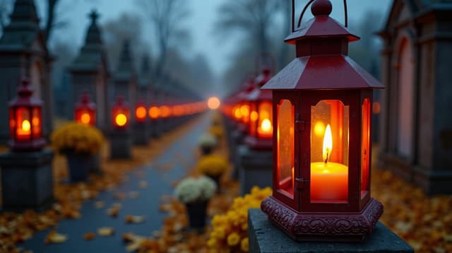 Znicze w czerwonych lampionach i chryzantemy na cmentarzu o zmierzchu w dniu Wszystkich Świętych